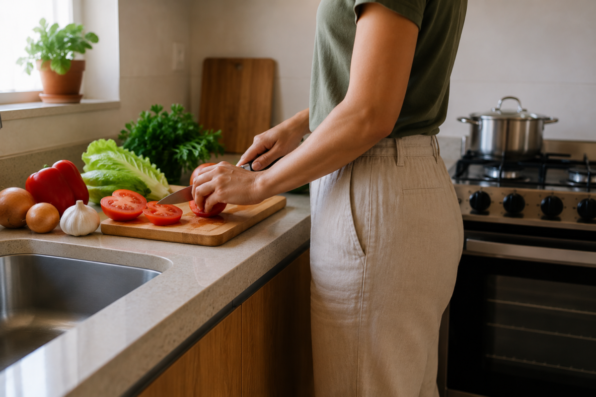 Pessoa preparando alimentos em cozinha planejada seguindo o conceito de triângulo de trabalho