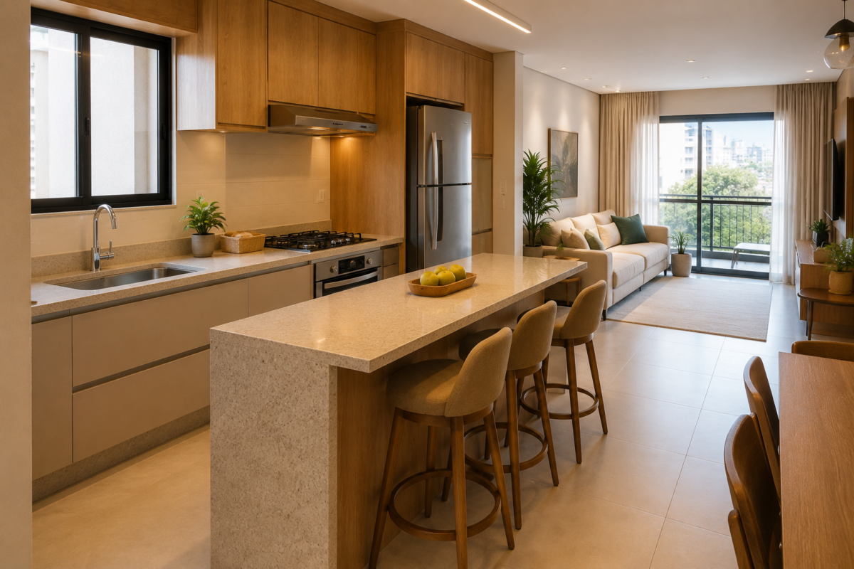  Cozinha integrada à sala mantendo o triângulo de trabalho funcional entre os pontos principais