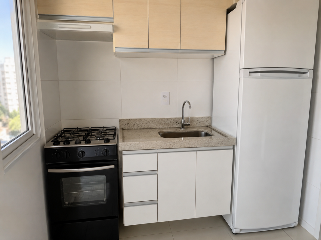 Cozinha pequena com pia, fogão e geladeira próximos formando um triângulo de trabalho eficiente