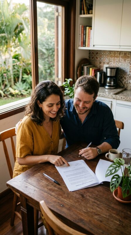 casal revisando contrato de prazo de cozinha planejada