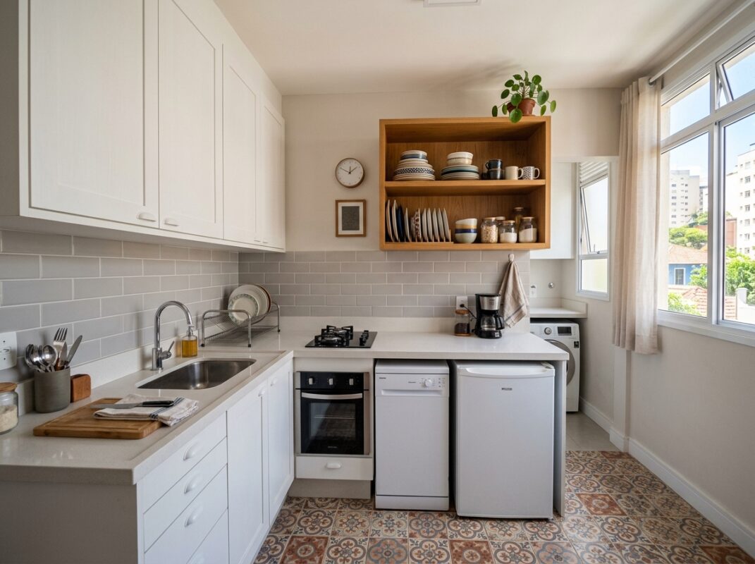 Cozinha pequena de apartamento com predominância de branco e detalhes em cinza