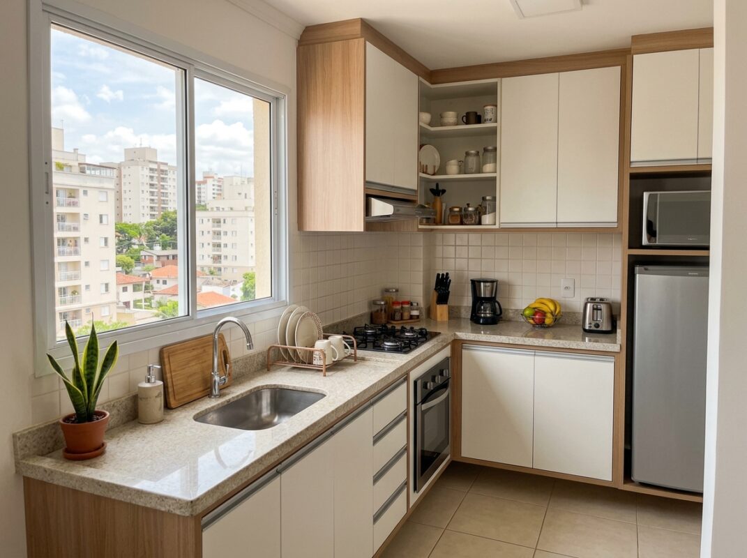 Cozinha pequena planejada seguindo medidas mínimas de projeto