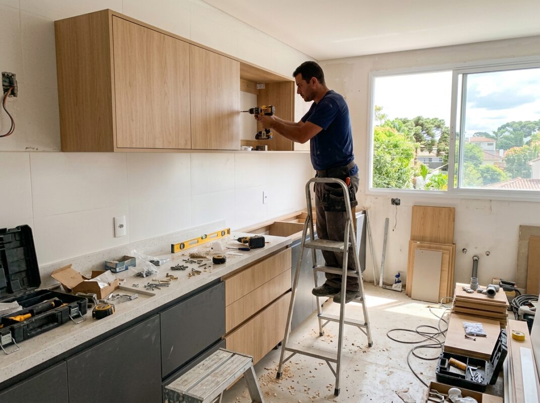 instalação de cozinha planejada em andamento com armários sendo montados