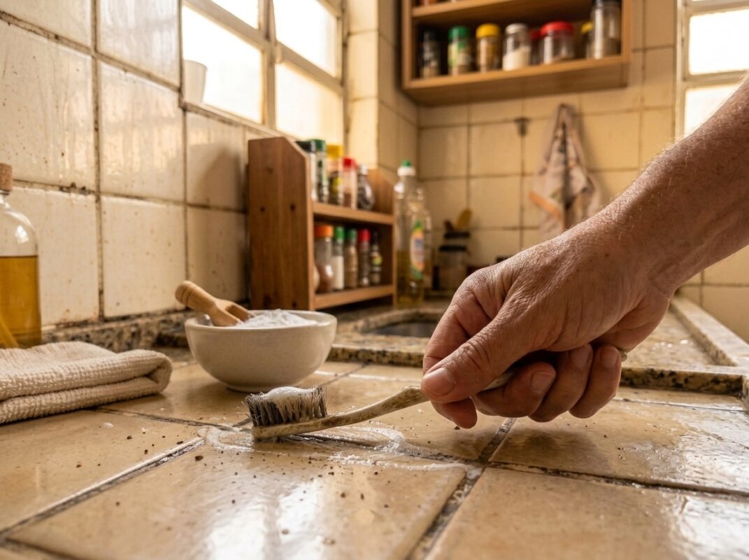 escovando rejunte da cozinha com escova macia sem rasgar