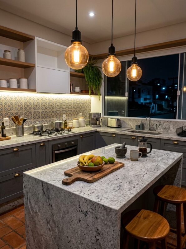 Iluminação quente valorizando cozinha em tons de branco e cinza