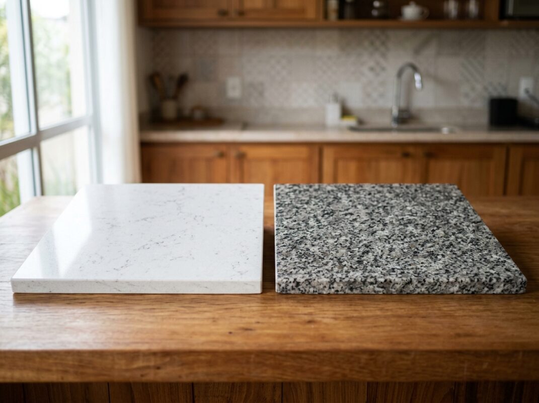 Amostras de bancada em quartzo branco e granito cinza para cozinha