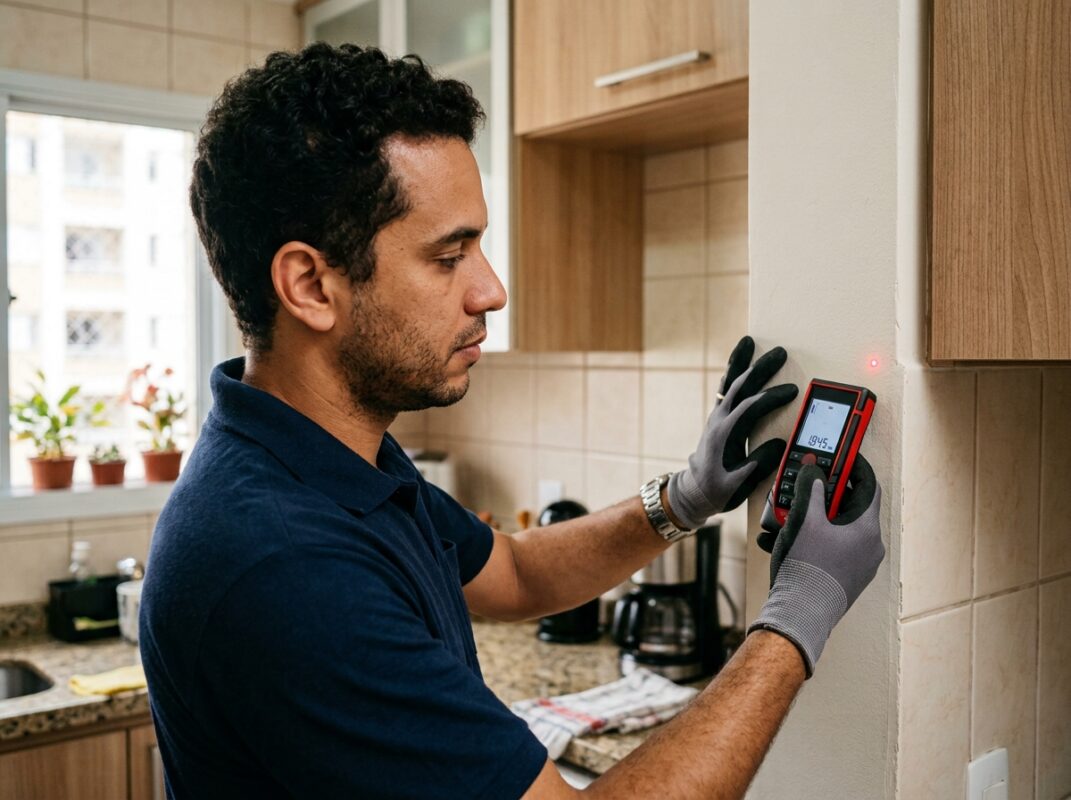 cozinha planejada prazo, técnico realizando medição técnica para projeto de cozinha planejada técnico realizando medição técnica para projeto de cozinha planejada