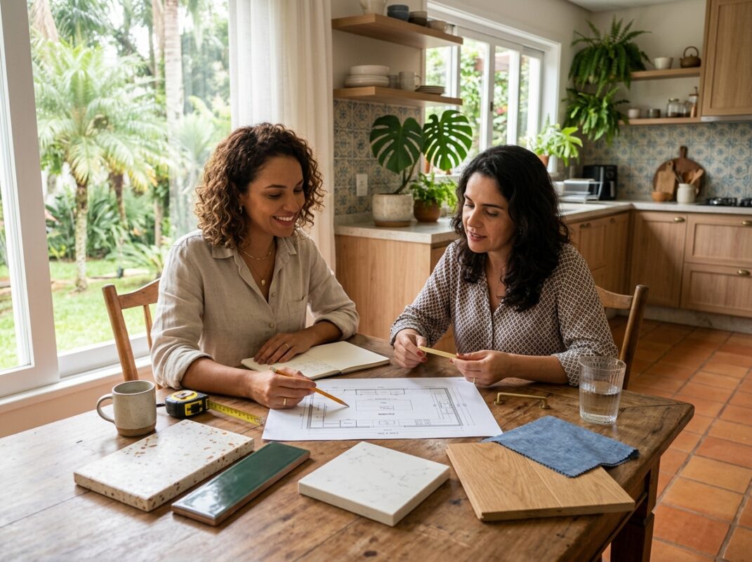 projetista apresentando planta e amostras de materiais de cozinha planejada