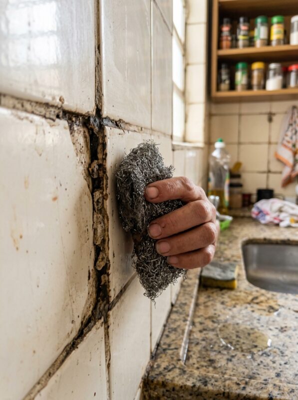 Como limpar azulejo de cozinha com rejunte danificado por uso de esponja de aço na cozinha Título: O que causa o desgaste do rejunte