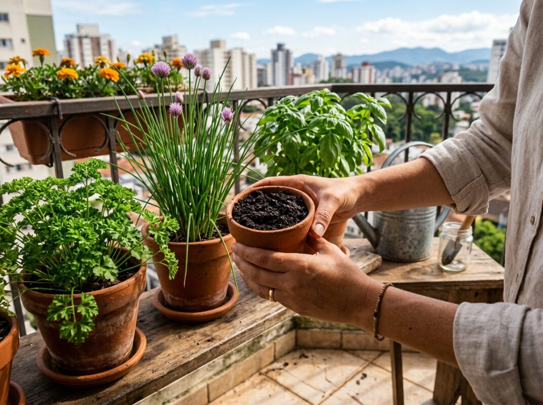 Mãos segurando adubo escuro da composteira ao lado de vasos de temperos em varanda de apartamento