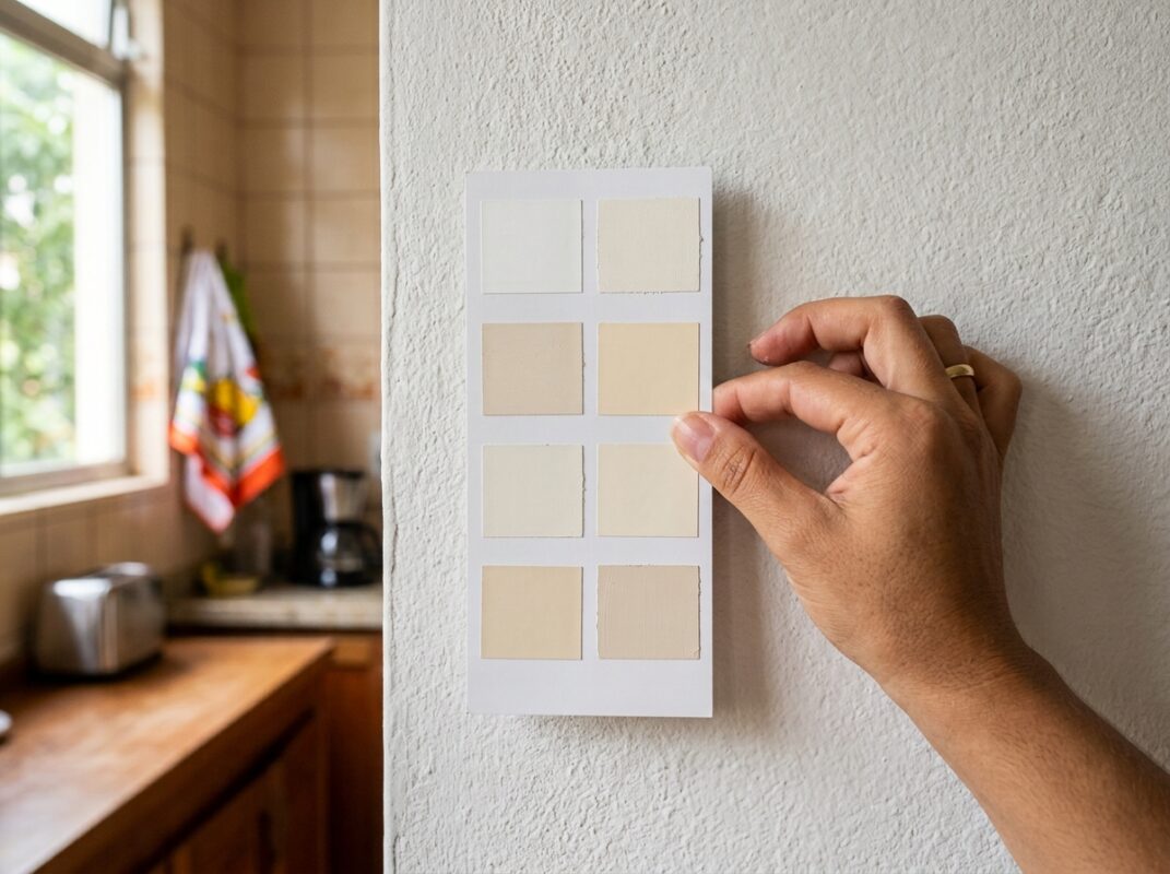 Mão segurando cartela de amostras de tinta para escolher a cor da parede da cozinha sob luz natural