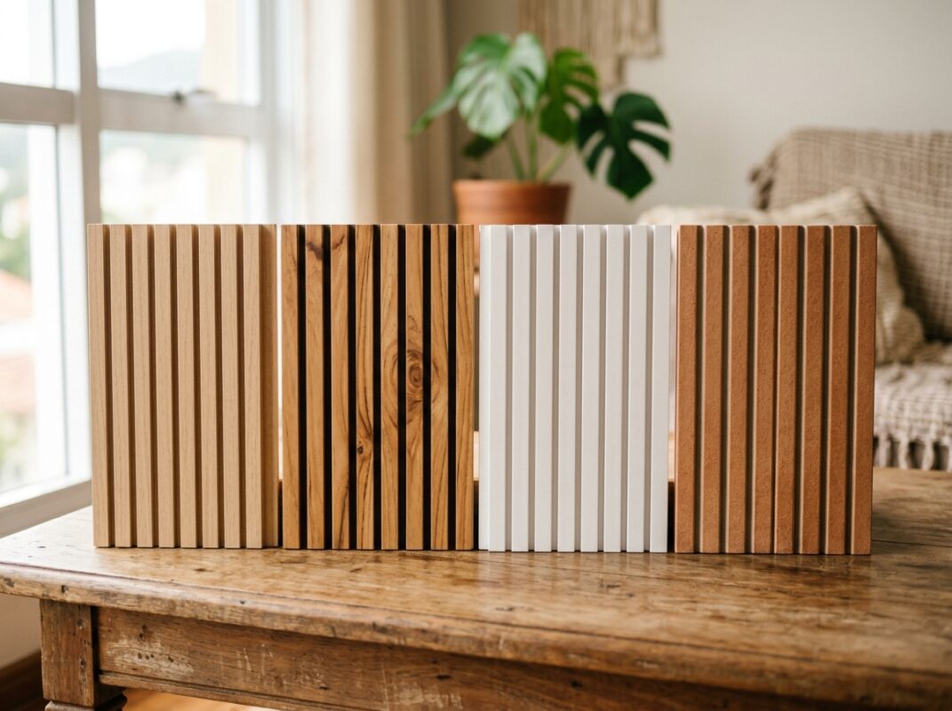 Amostras de materiais de painel ripado para cozinha: MDF, madeira maciça, PVC e cerâmica