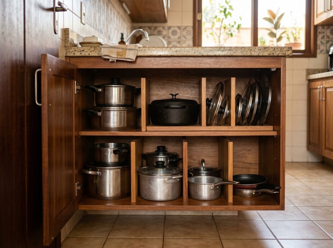 Armário baixo de cozinha organizado com divisórias verticais