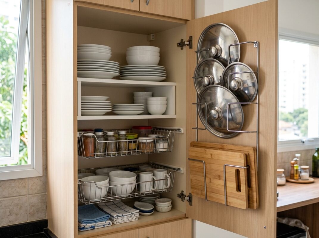 Armário de cozinha com prateleira extra e organizador de porta pra tampas e tábuas