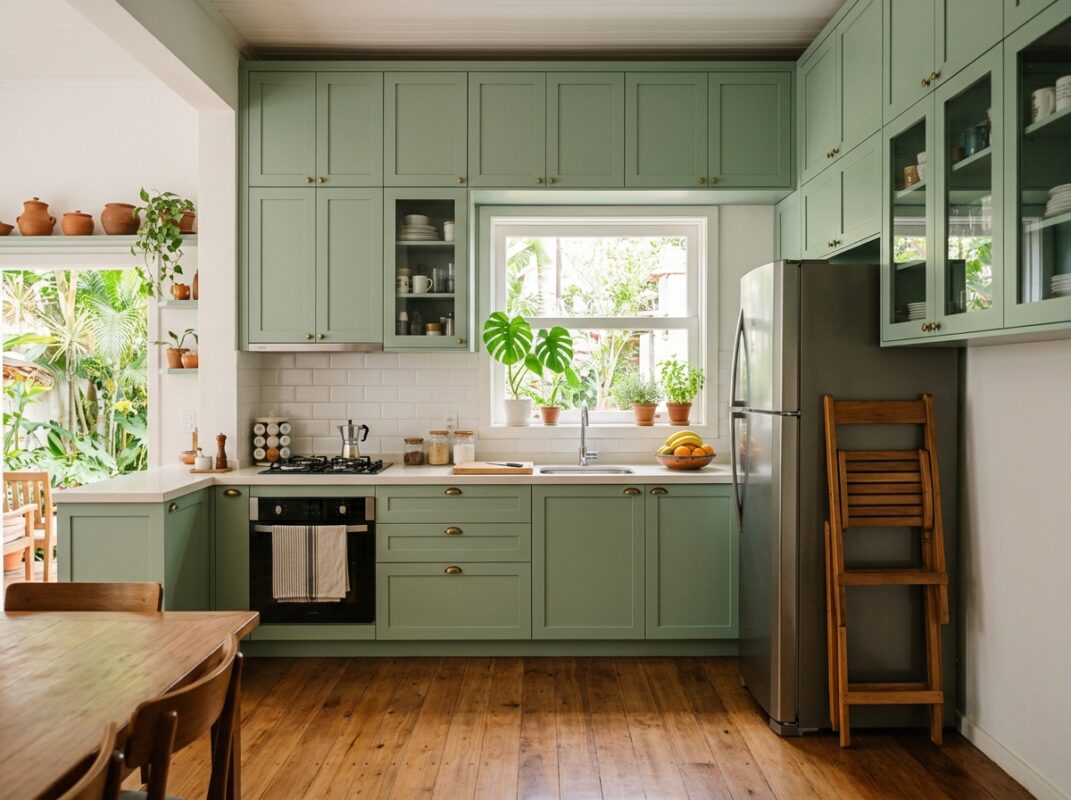 Cozinha com armários até o teto em verde suave e portas altas fechando o vão entre armário e teto