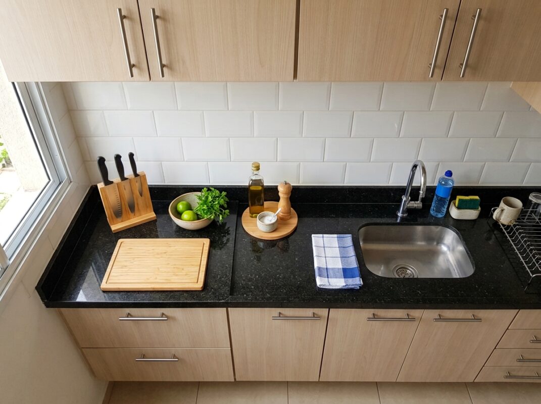 Bancada de cozinha modulada limpa e organizada