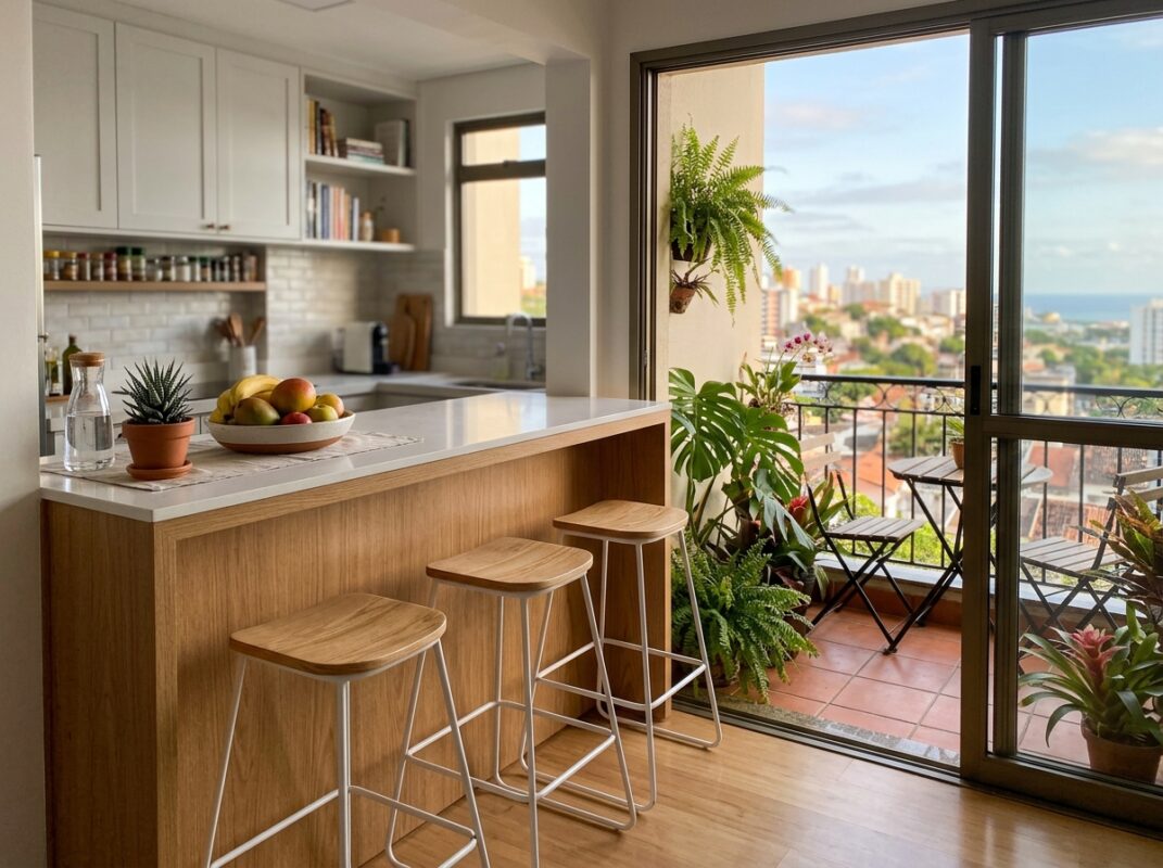 Bancada com banquetas fazendo a ligação entre a cozinha e a varanda de um apartamento