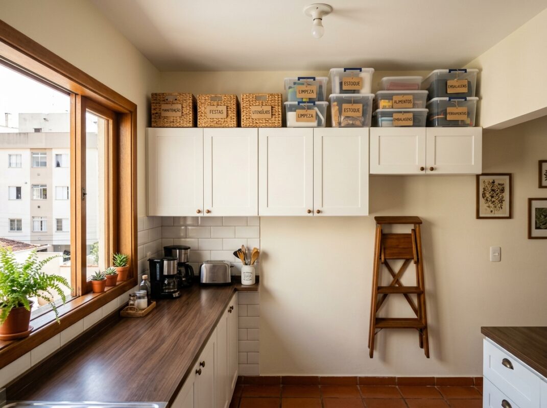 Caixas organizadoras alinhadas no vão entre armário e teto da cozinha com banquinho dobrável ao lado