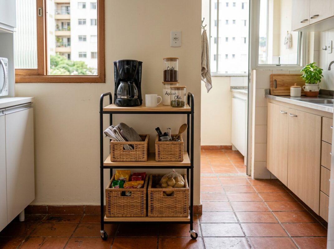Carrinho de cozinha com prateleiras num canto de apartamento pequeno sem bloquear a passagem