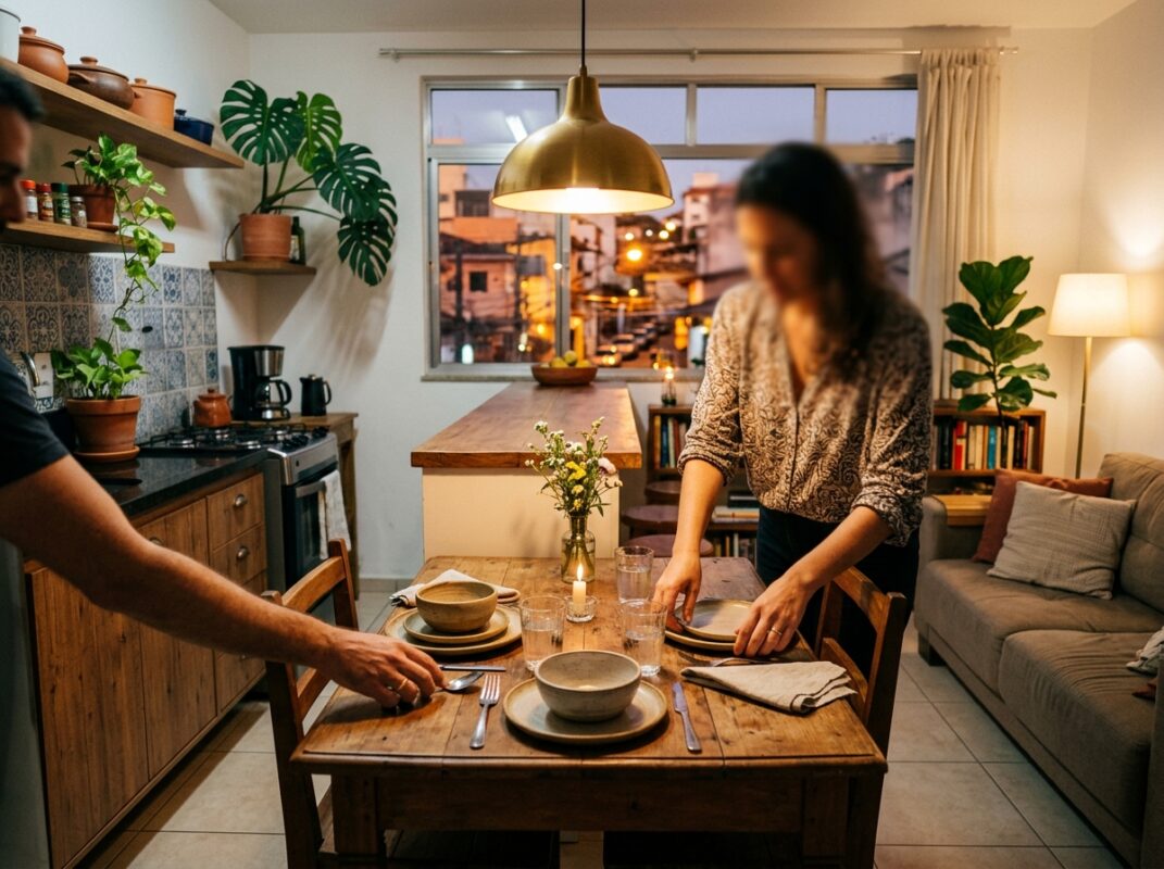 Cozinha compacta integrada à sala, com casal preparando o jantar juntos
