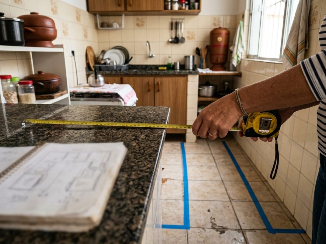 Medição de bancada e marcação de circulação com fita crepe no chão de uma cozinha compacta