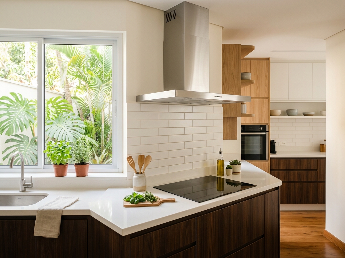 Coifa de inox em cozinha planejada iluminada com luz natural