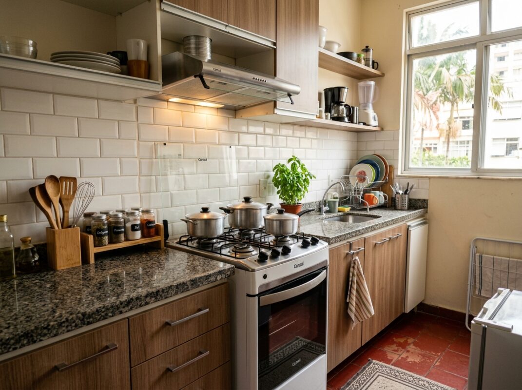 Coifa compacta instalada em cozinha pequena de apartamento