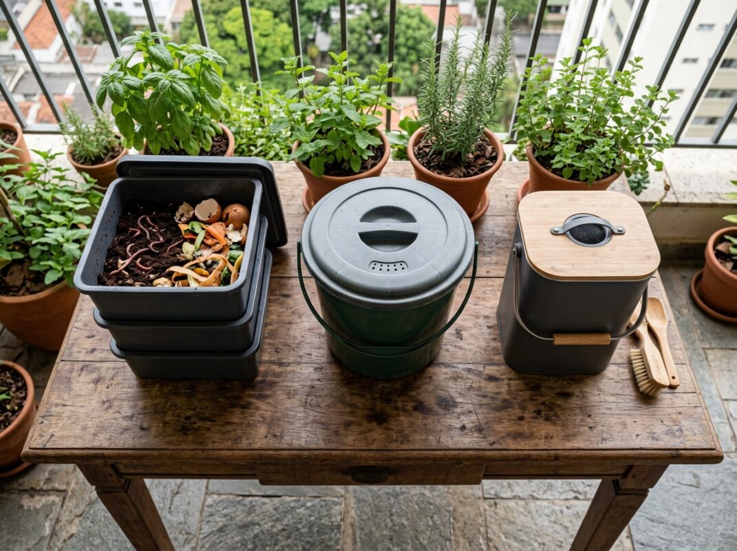 Três formas de fazer compostagem em apartamento: minhocário empilhável, balde de coleta e recipiente de bancada