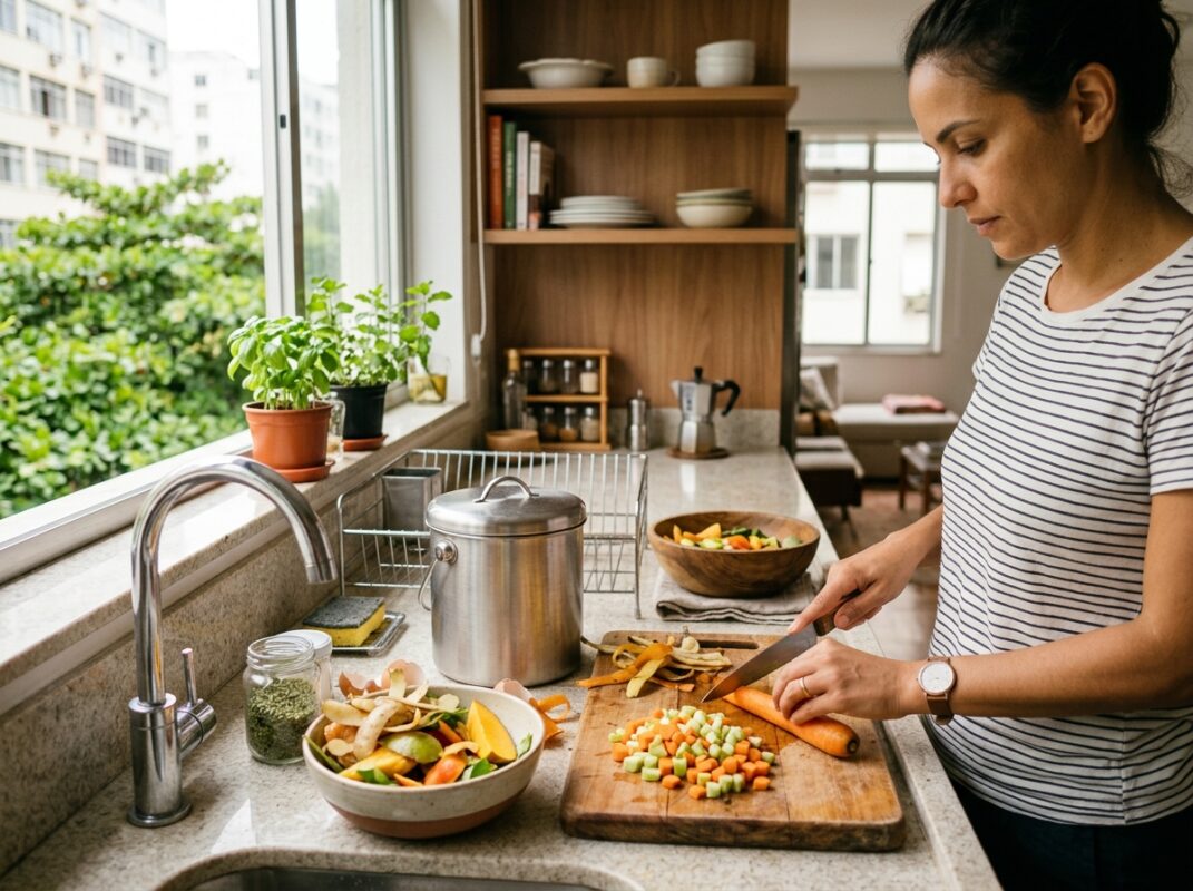Compostagem doméstica na cozinha: recipiente de restos orgânicos ao lado da pia em apartamento brasileiro