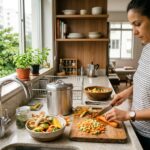 Compostagem doméstica na cozinha: recipiente de restos orgânicos ao lado da pia em apartamento brasileiro