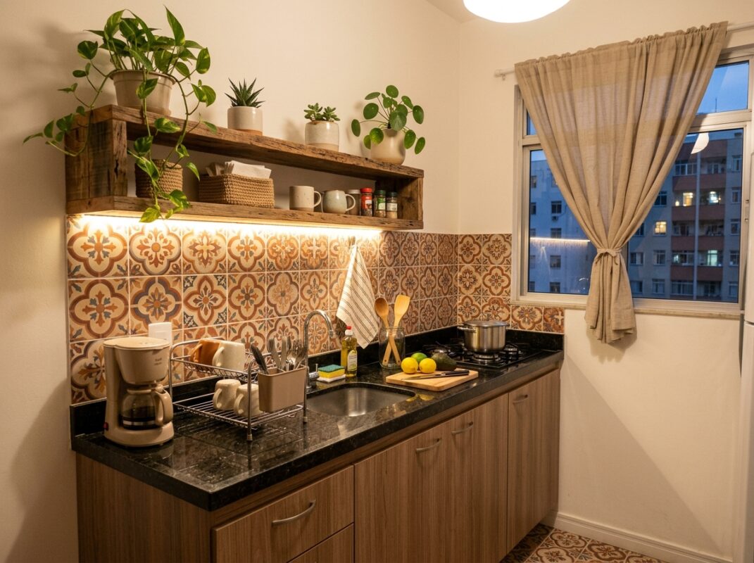 Cozinha boho de apartamento alugado com adesivo de azulejo, prateleira de madeira e plantas