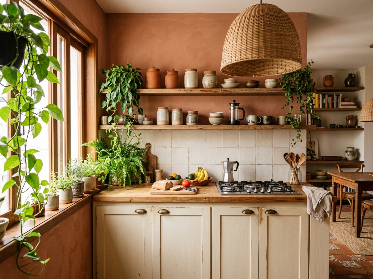 Cozinha boho acolhedora com prateleiras de madeira, pendente de palha, plantas e tons terrosos