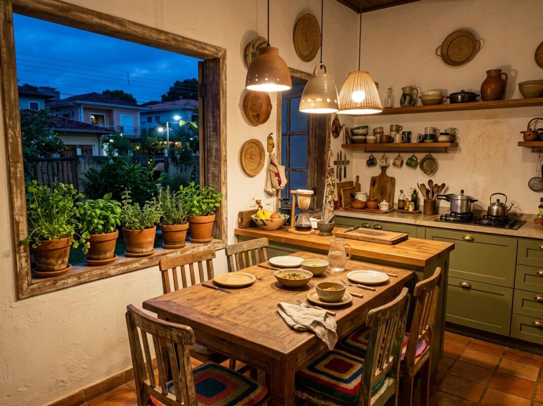 Cozinha boho familiar à noite com luz quente, armários verde-oliva e ervas na janela