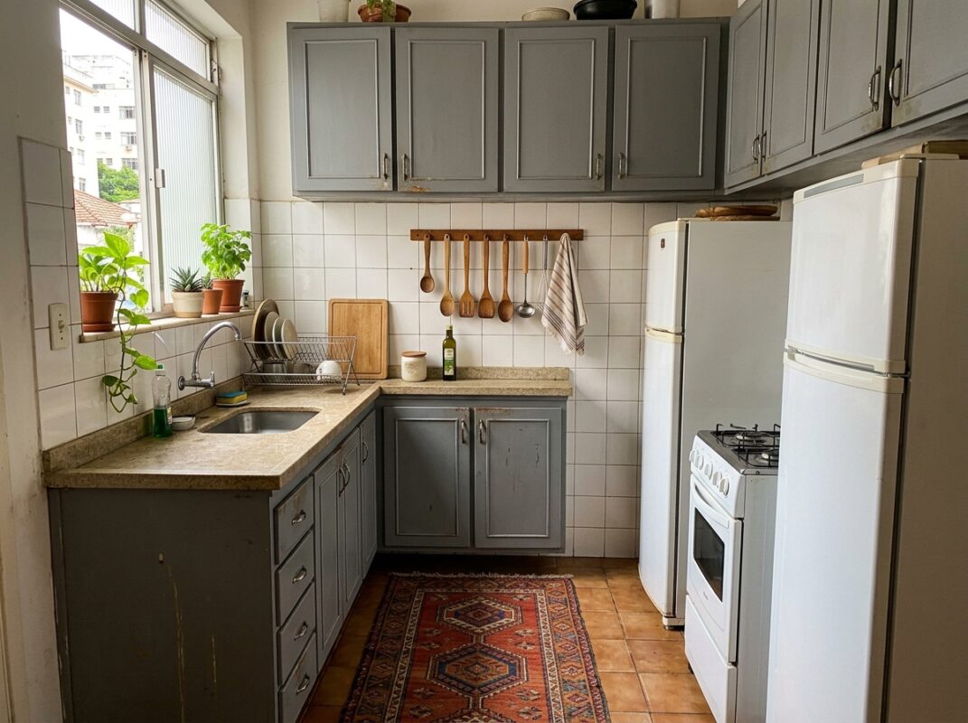Cozinha cinza alugada decorada com itens móveis