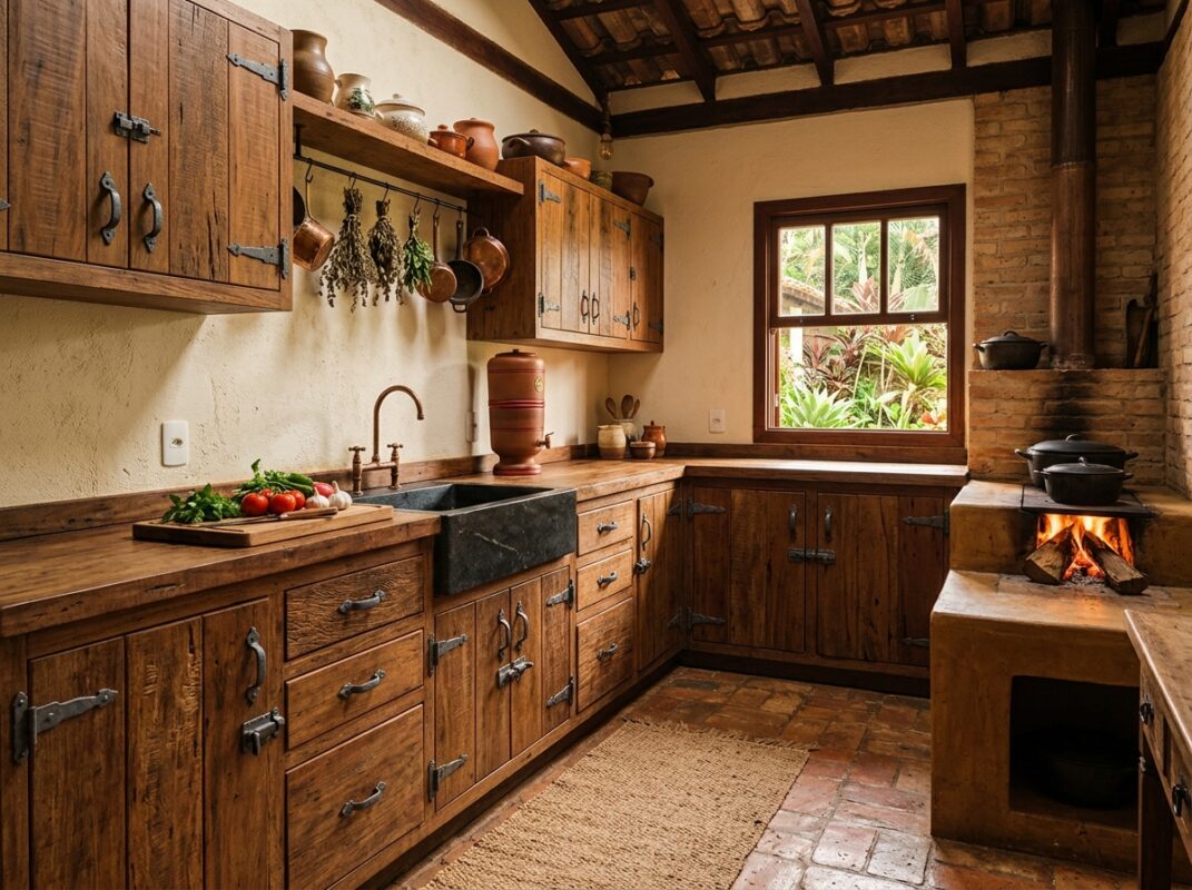 Cozinha estilo rústico com detalhes em cinza