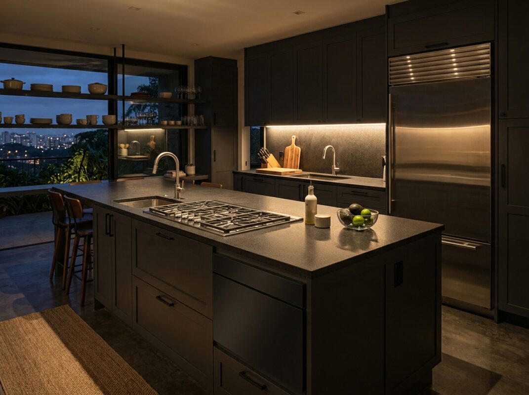 Cozinha cinza escura com iluminação de LED e eletrodomésticos em inox