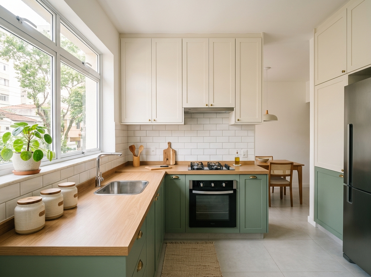Cozinha com duas cores em apartamento brasileiro, com armários inferiores verde-sálvia e superiores off-white
