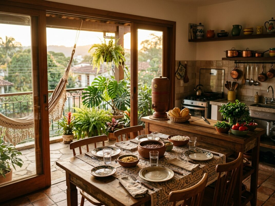 Mesa posta na varanda integrada à cozinha, com luz de fim de tarde e ervas na bancada