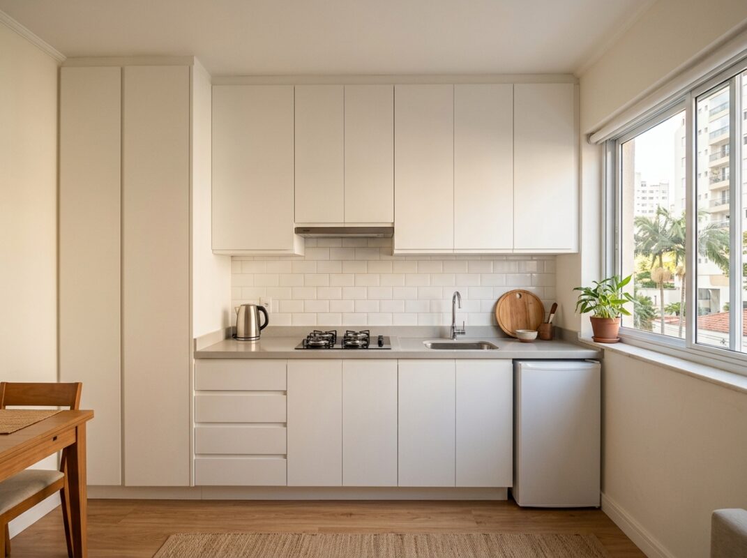 Cozinha compacta para kitnet com armários brancos até o teto e bancada organizada