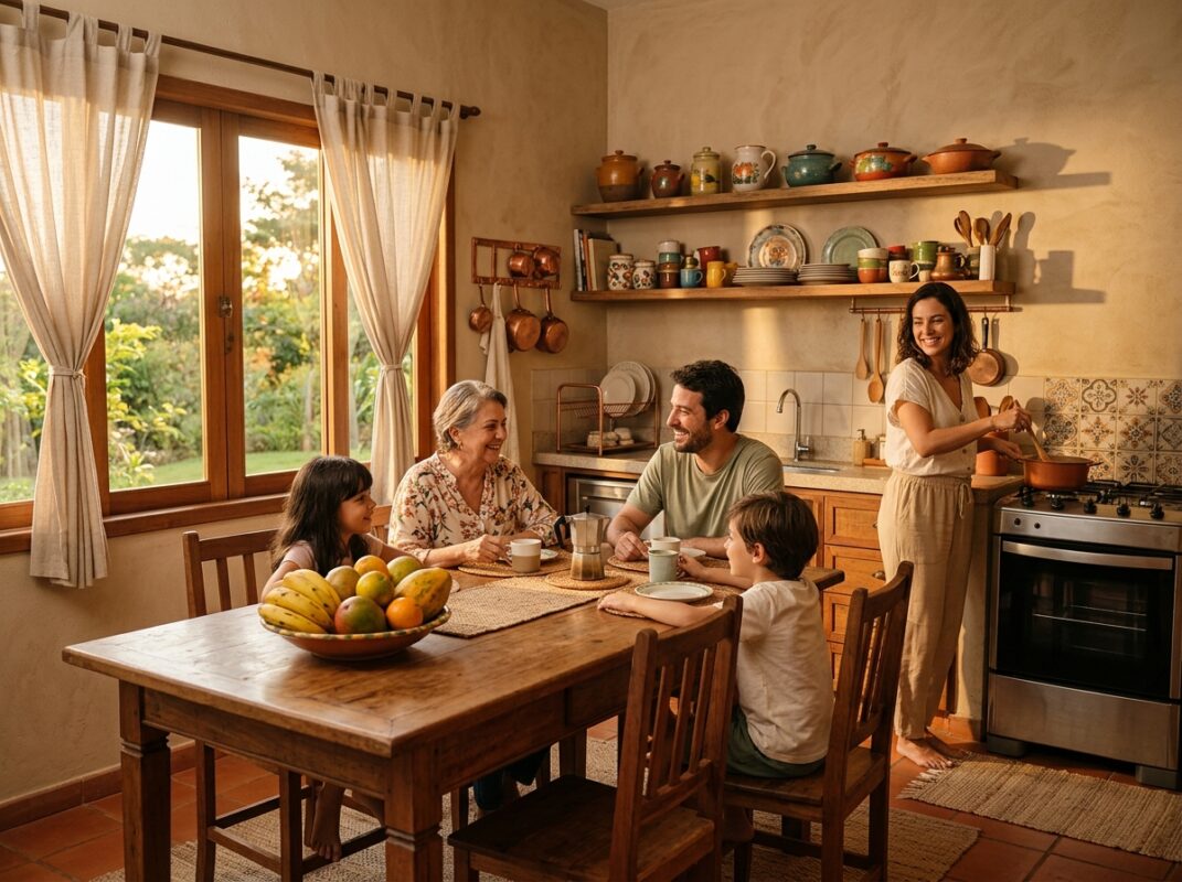 Cozinha familiar acolhedora com parede areia acetinada e prateleiras com potes de cerâmica