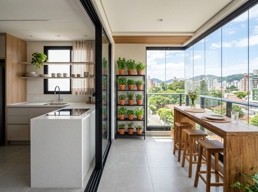 Cozinha integrada com varanda em apartamento brasileiro, com bancada de refeição junto ao vidro e piso contínuo