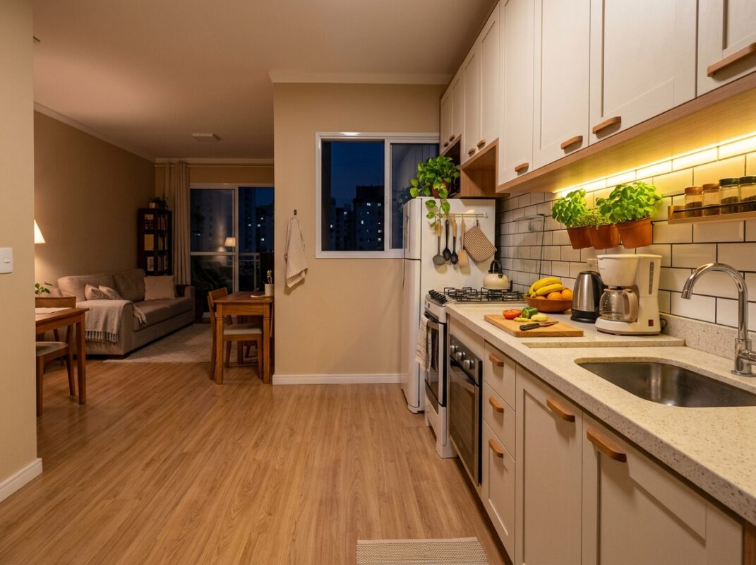 Cozinha pequena com cores claras e fita de LED sob o armário