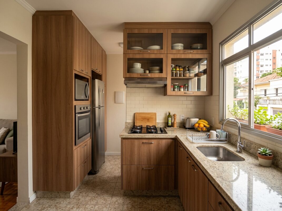 Cozinha pequena em formato L com móveis modulados e armário de canto