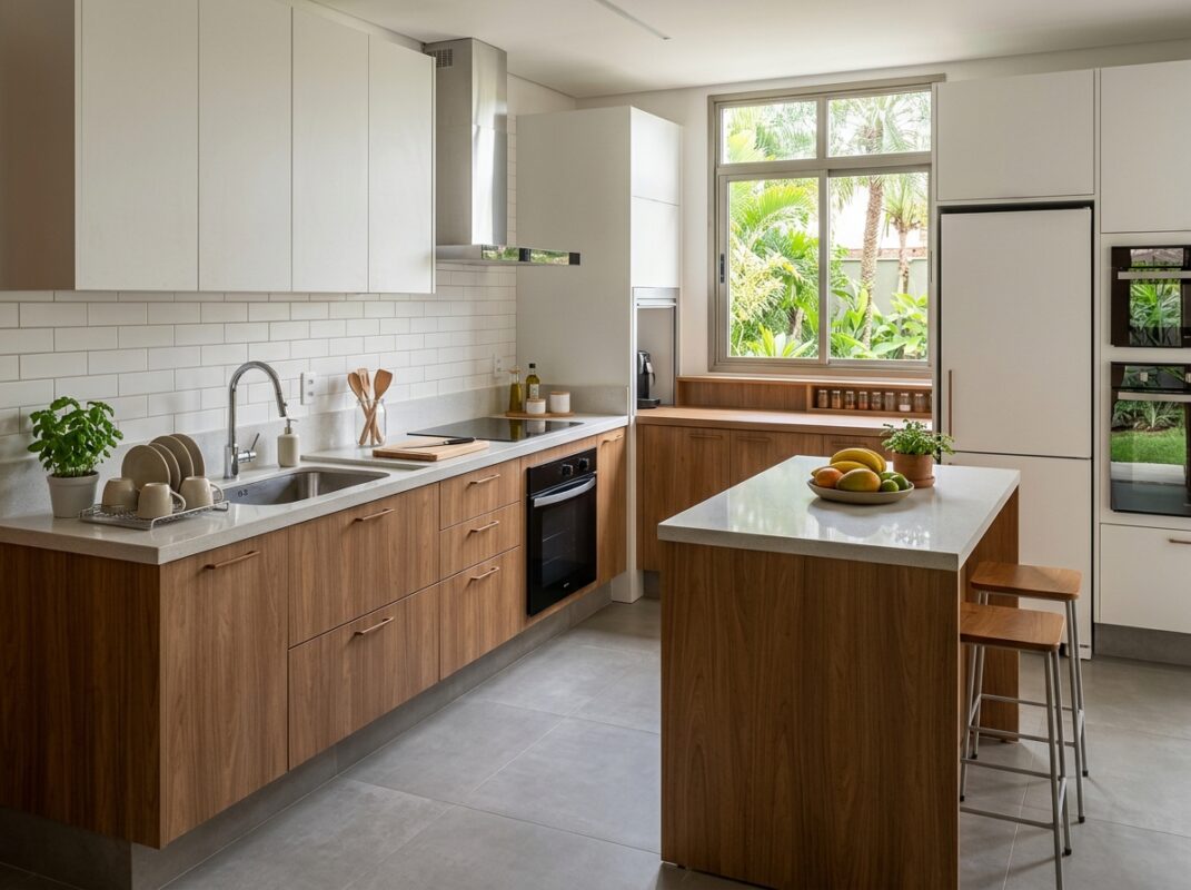 Cozinha com móveis modulados organizada e iluminada naturalmente