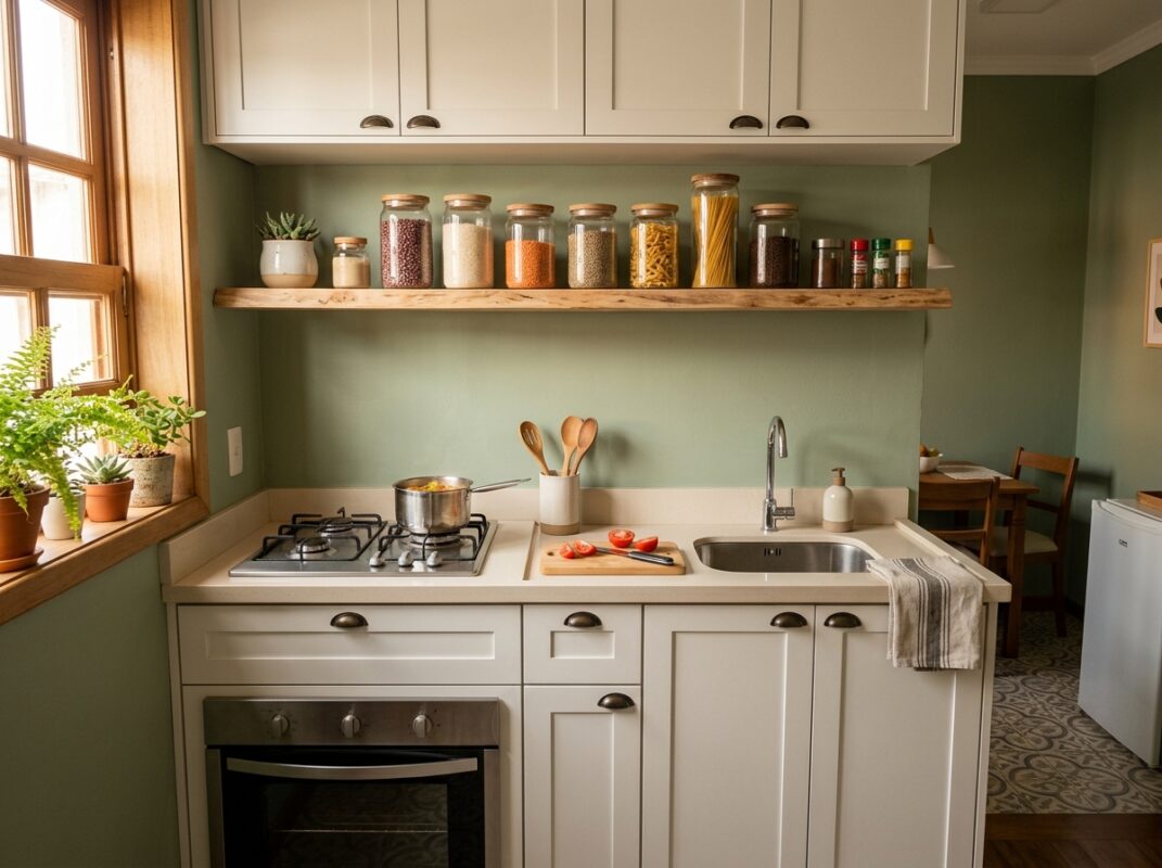 Cozinha compacta com parede em verde sálvia pintada com tinta lavável e armários brancos