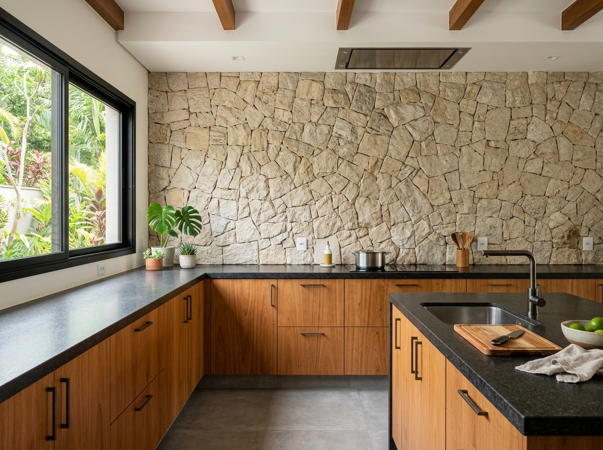 cozinha sem armário superior com parede de revestimento à mostra