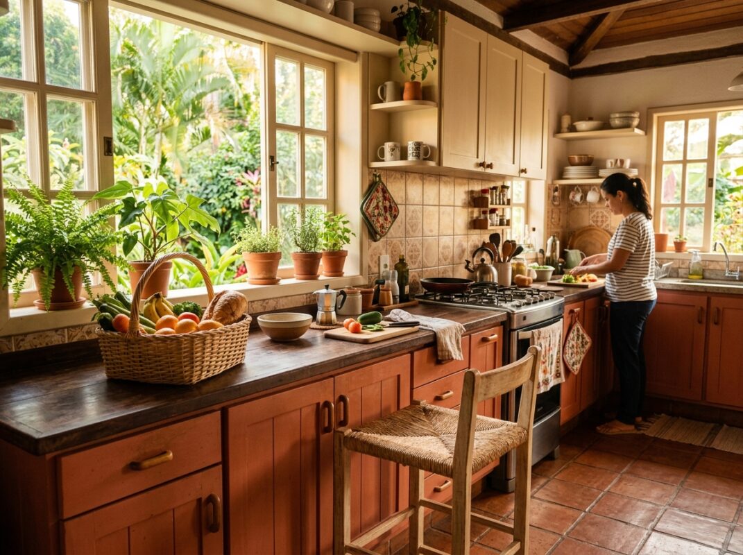 Cozinha aconchegante com duas cores, armários terracota embaixo e bege em cima, com planta na janela