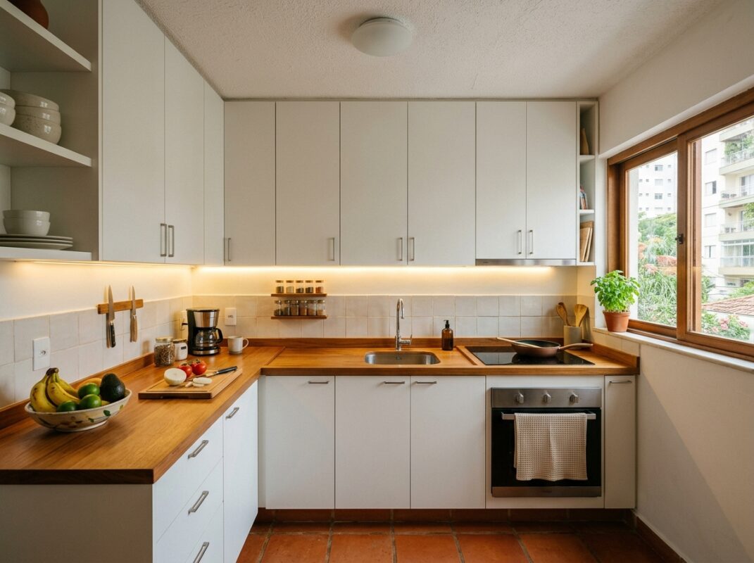 Armário de cozinha até o teto sem vão em ambiente de pé direito baixo