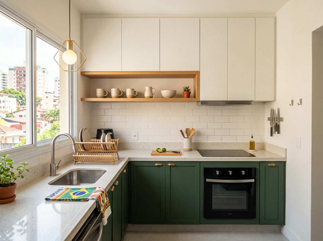 Cozinha de apartamento com armários verdes embaixo e brancos em cima, com prateleira de madeira clara