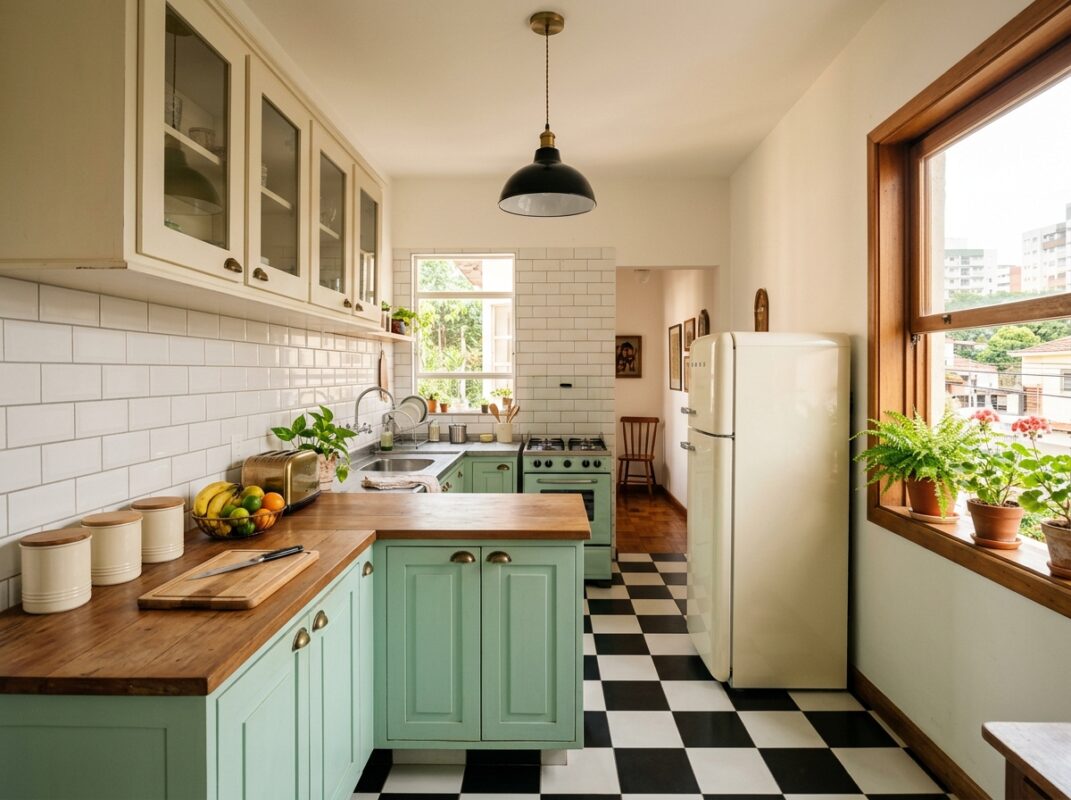 Cozinha vintage com armários verde menta, piso xadrez e geladeira retrô em apartamento brasileiro
